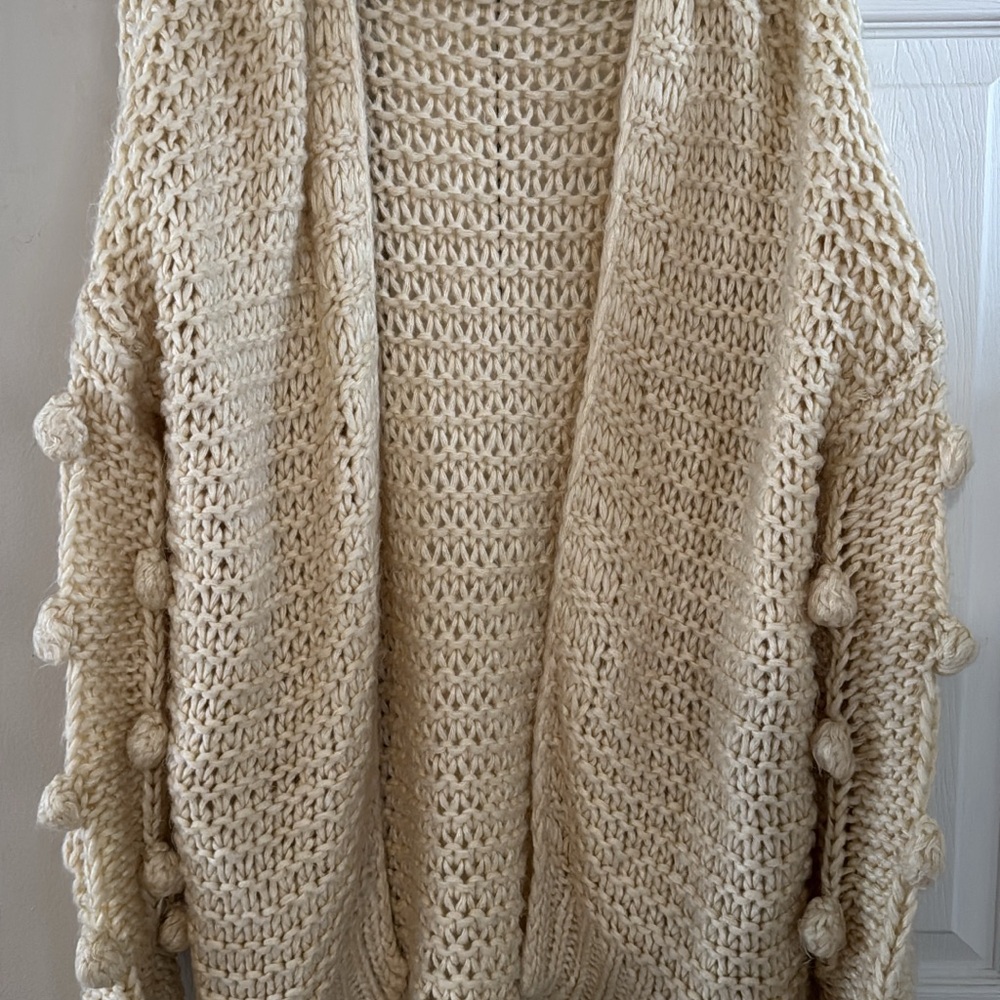 Pink Lily Cream Chunky Knit Cardigan with Pom Trim